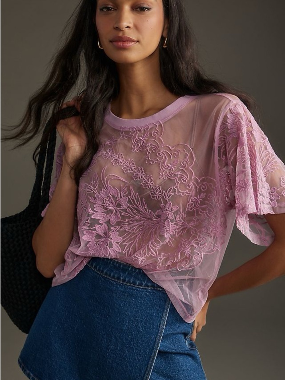 Anthropologie | Lilac Sheer Mesh Top w Embroidery, XL